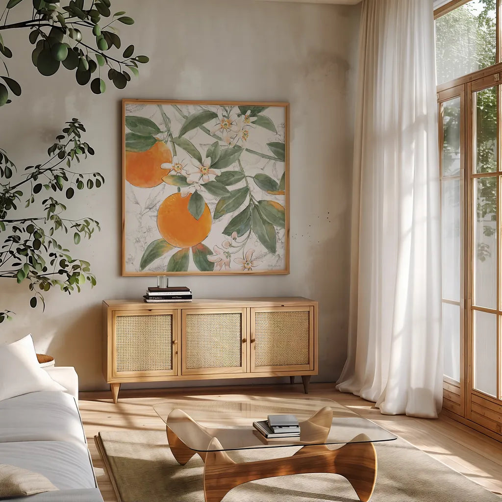 Citrus Wings VII by Beth Grove. Shown in a natural wood frame in a cozy modern living room. Available as an archival giclee rolled canvas, fine art paper, or poster print. SKU 97260a.