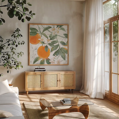 Citrus Wings VII by Beth Grove. Shown in a natural wood frame in a cozy modern living room. Available as an archival giclee rolled canvas, fine art paper, or poster print. SKU 97260a.