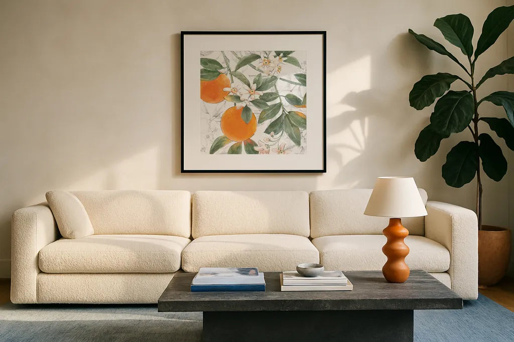Citrus Wings VII by Beth Grove. Displayed in a glass frame with matte in a clean modern living room. Available as an archival giclee rolled canvas, fine art paper, or poster print. SKU 97260a.