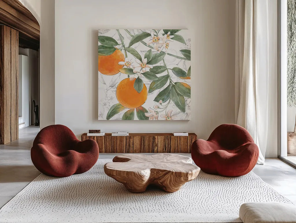 Citrus Wings VII by Beth Grove. Shown as extra-large giant wall art in a modern living room. Available as an archival giclee rolled canvas, fine art paper, or poster print. SKU 97260a.