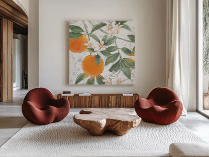 Citrus Wings VII by Beth Grove. Shown as extra-large giant wall art in a modern living room. Available as an archival giclee rolled canvas, fine art paper, or poster print. SKU 97260a.