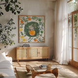 Citrus Wings VIII by Beth Grove. Shown in a natural wood frame in a cozy modern living room. Available as an archival giclee rolled canvas, fine art paper, or poster print. SKU 97261a.