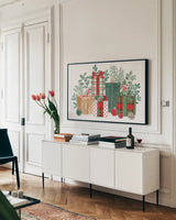 Classic Christmas I by Beth Grove. shown as a framed stretched canvas in a living room above a console. Available as a archival giclee rolled canvas, fine art paper, or poster print. SKU 90796i.