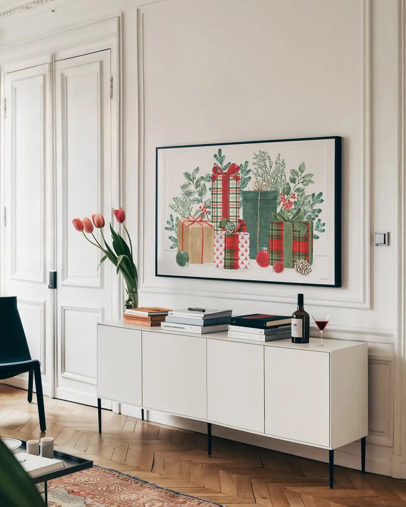 Classic Christmas I by Beth Grove. shown as a framed stretched canvas in a living room above a console. Available as a archival giclee rolled canvas, fine art paper, or poster print. SKU 90796i.