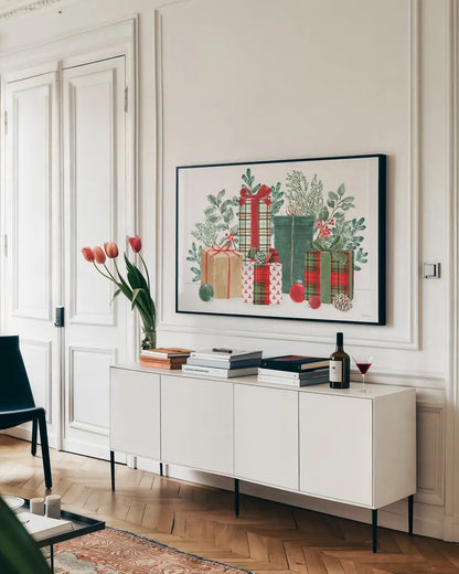 Classic Christmas I by Beth Grove. shown as a framed stretched canvas in a living room above a console. Available as a archival giclee rolled canvas, fine art paper, or poster print. SKU 90796i.