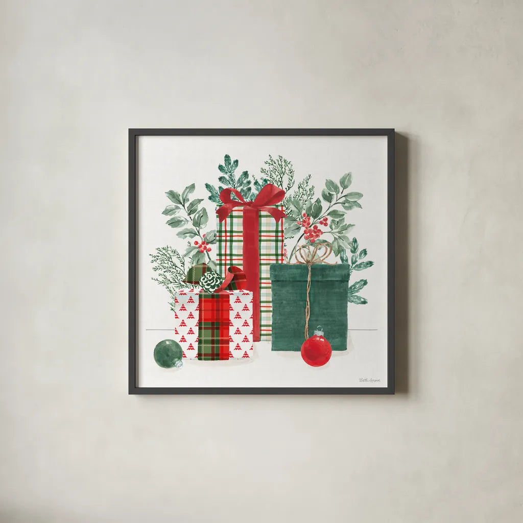 Classic Christmas II by Beth Grove. Shown in a sleek black glass frame for a contemporary gallery look. Available as an archival giclee rolled canvas, fine art paper, or poster print. SKU 90797a.