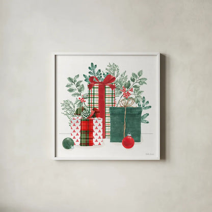 Classic Christmas II by Beth Grove. Shown in a crisp white glass frame for a clean and minimalist style. Available as an archival giclee rolled canvas, fine art paper, or poster print. SKU 90797a.