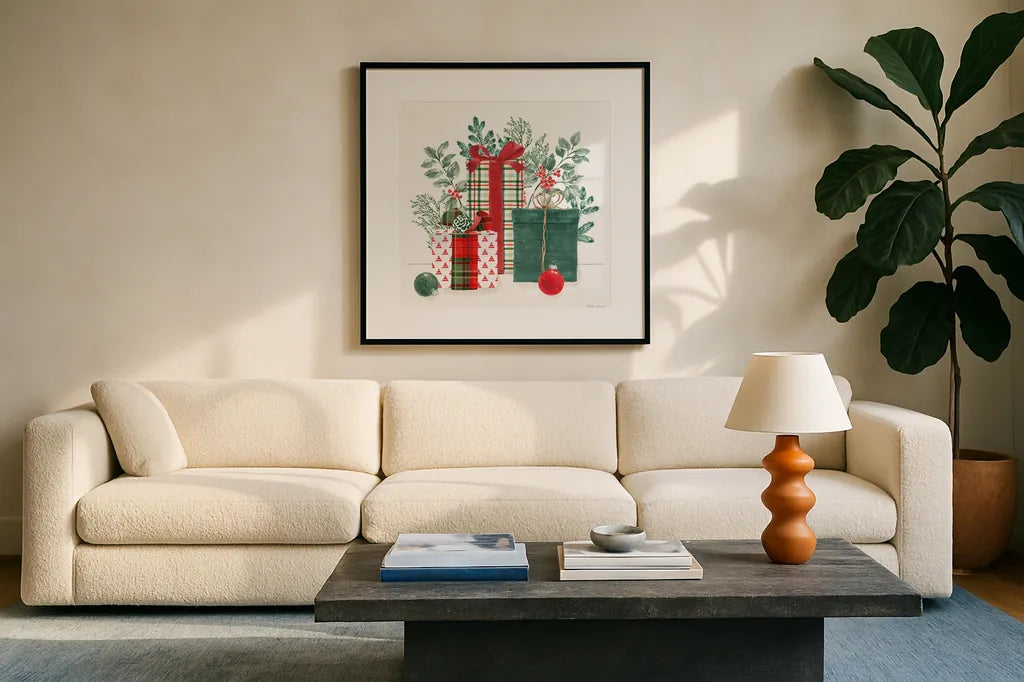 Classic Christmas II by Beth Grove. Displayed in a glass frame with matte in a clean modern living room. Available as an archival giclee rolled canvas, fine art paper, or poster print. SKU 90797a.