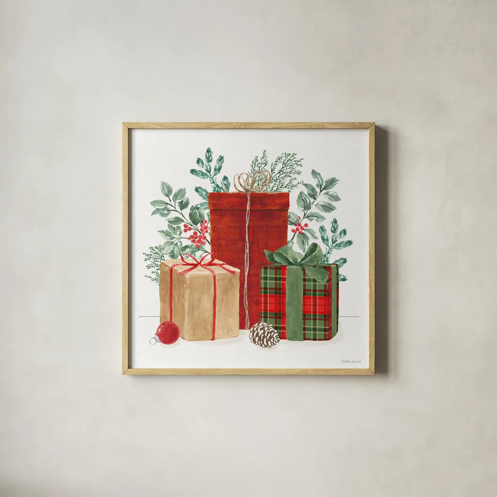 Classic Christmas III by Beth Grove. Shown in a natural wood glass frame for a timeless modern aesthetic. Available as an archival giclee rolled canvas, fine art paper, or poster print. SKU 90798a.
