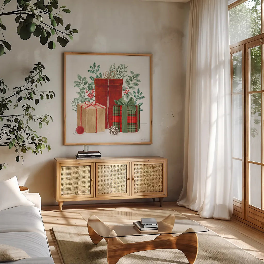 Classic Christmas III by Beth Grove. Shown in a natural wood frame in a cozy modern living room. Available as an archival giclee rolled canvas, fine art paper, or poster print. SKU 90798a.