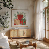 Classic Christmas III by Beth Grove. Shown in a natural wood frame in a cozy modern living room. Available as an archival giclee rolled canvas, fine art paper, or poster print. SKU 90798a.