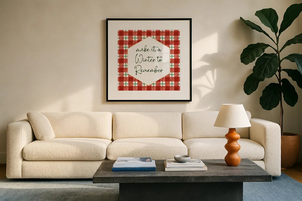 Classic Christmas VII by Beth Grove. Displayed in a glass frame with matte in a clean modern living room. Available as an archival giclee rolled canvas, fine art paper, or poster print. SKU 90802a.