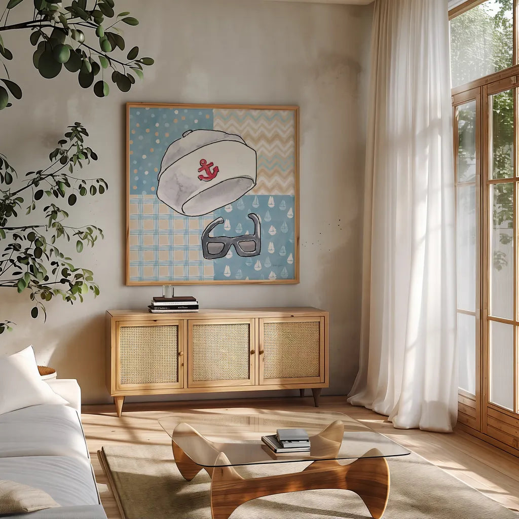 Coastal Baby III by Beth Grove. Shown in a natural wood frame in a cozy modern living room. Available as an archival giclee rolled canvas, fine art paper, or poster print. SKU 29311a.