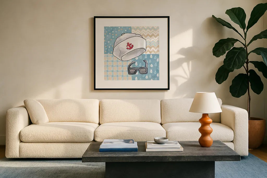 Coastal Baby III by Beth Grove. Displayed in a glass frame with matte in a clean modern living room. Available as an archival giclee rolled canvas, fine art paper, or poster print. SKU 29311a.