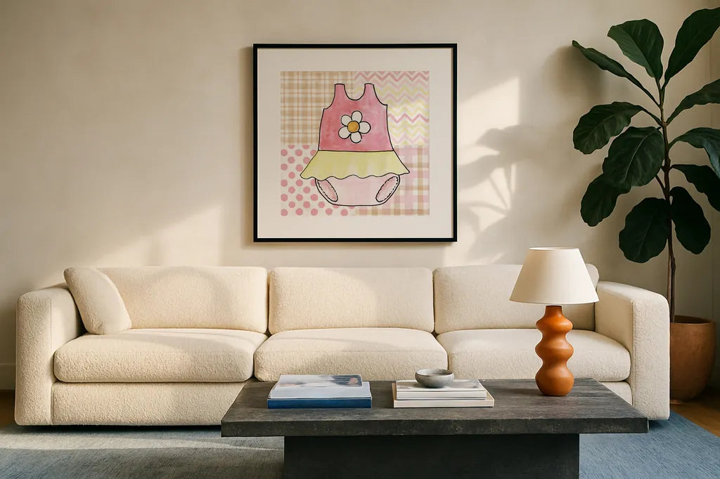 Coastal Baby VI by Beth Grove. Displayed in a glass frame with matte in a clean modern living room. Available as an archival giclee rolled canvas, fine art paper, or poster print. SKU 29314a.