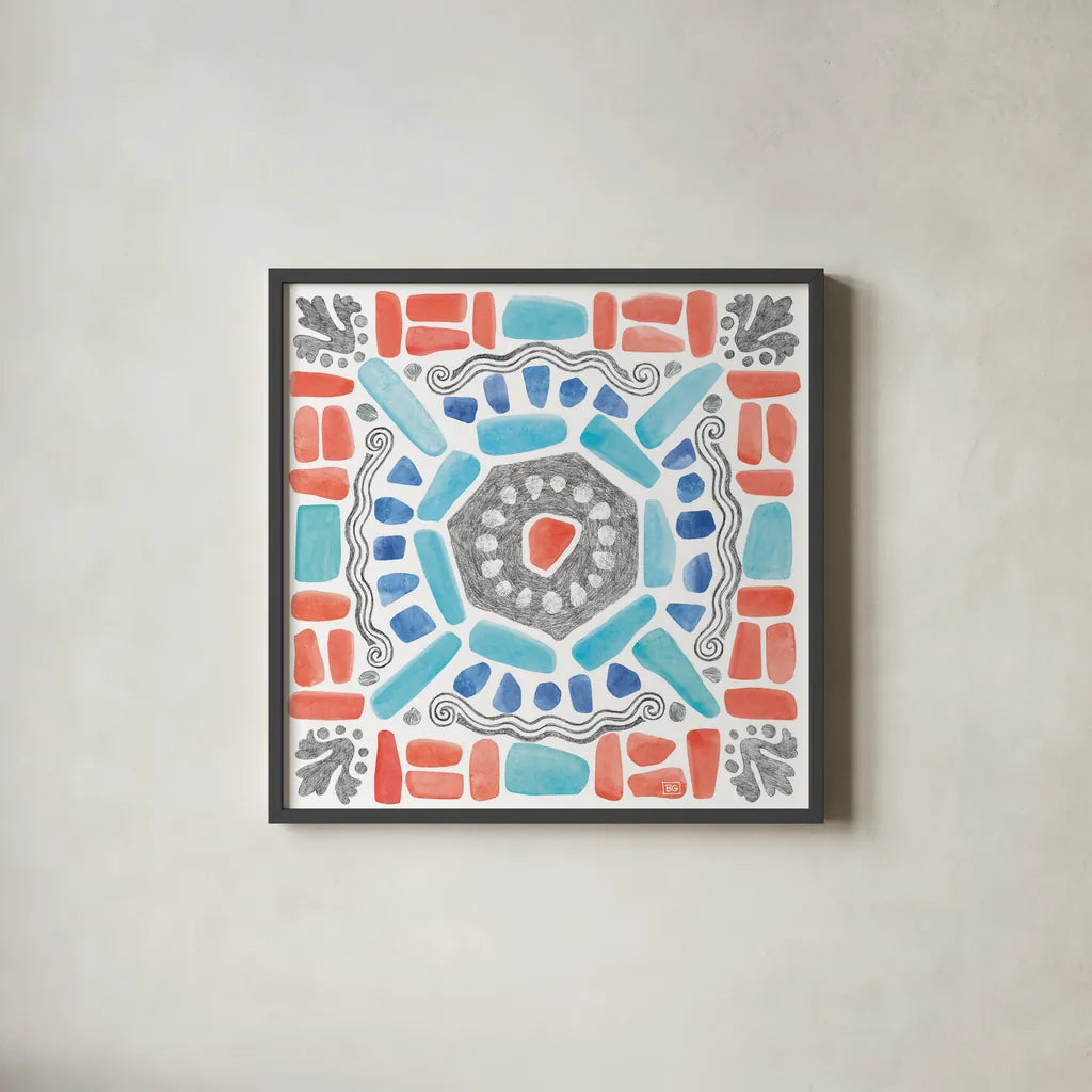 Coastal Sea Life X by Beth Grove. Shown in a sleek black glass frame for a contemporary gallery look. Available as an archival giclee rolled canvas, fine art paper, or poster print. SKU 36193a.