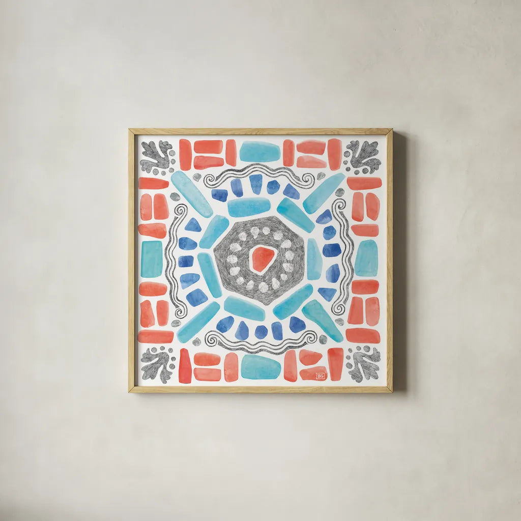 Coastal Sea Life X by Beth Grove. Shown in a natural wood glass frame for a timeless modern aesthetic. Available as an archival giclee rolled canvas, fine art paper, or poster print. SKU 36193a.