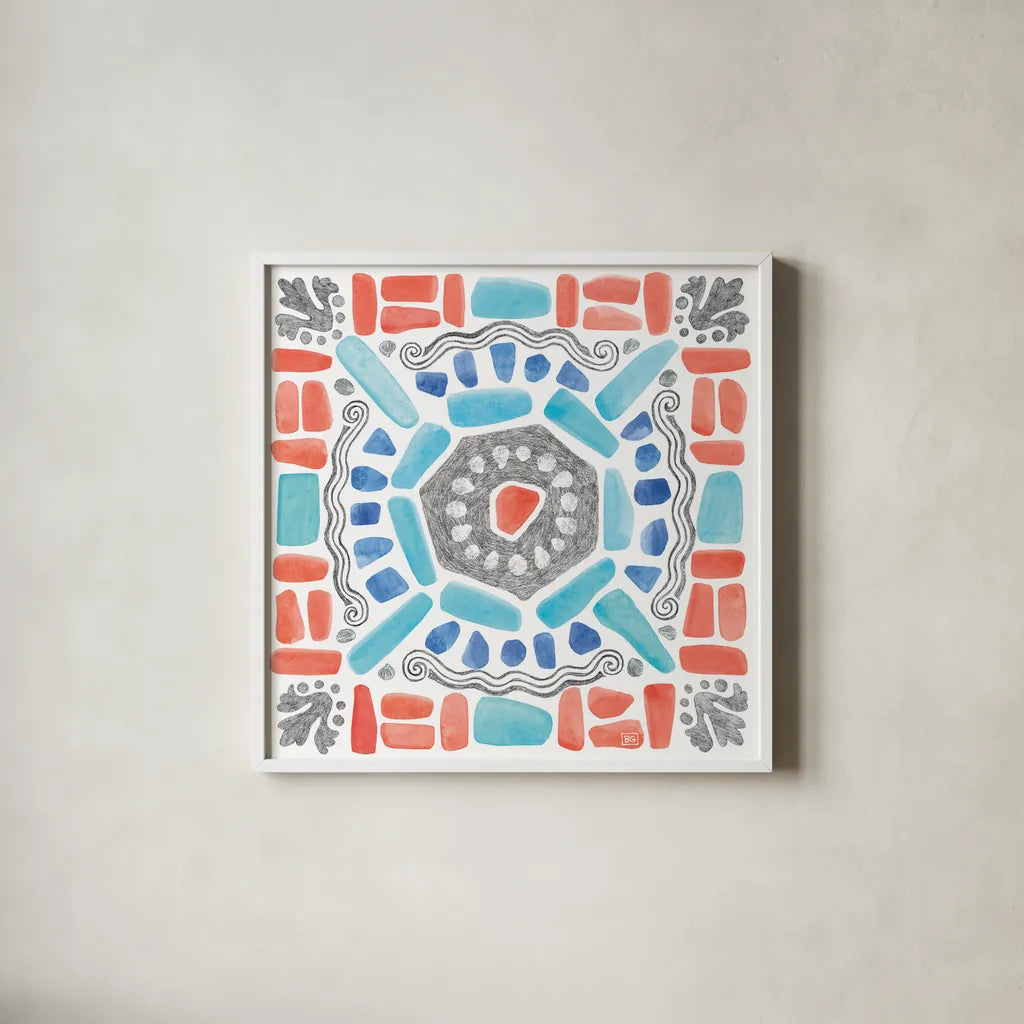 Coastal Sea Life X by Beth Grove. Shown in a crisp white glass frame for a clean and minimalist style. Available as an archival giclee rolled canvas, fine art paper, or poster print. SKU 36193a.