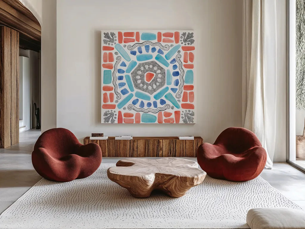 Coastal Sea Life X by Beth Grove. Shown as extra-large giant wall art in a modern living room. Available as an archival giclee rolled canvas, fine art paper, or poster print. SKU 36193a.