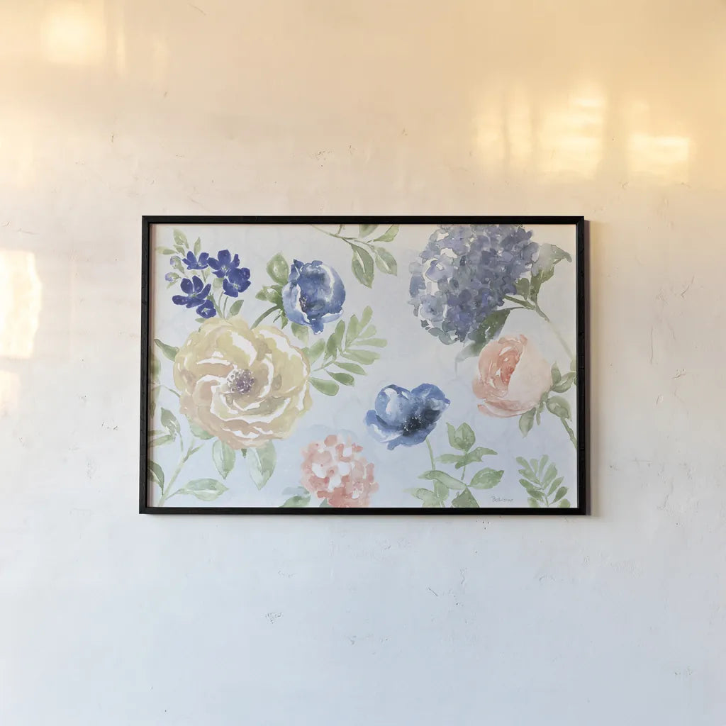 Coastline Botanical I Blue by Beth Grove. shown as a paper print in a black flame. Available as a archival giclee rolled canvas, fine art paper, or poster print. SKU 58556i.