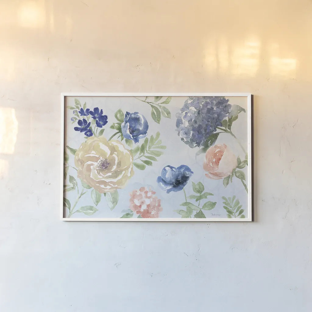 Coastline Botanical I Blue by Beth Grove. shown as a paper print in a white frame. Available as a archival giclee rolled canvas, fine art paper, or poster print. SKU 58556i.