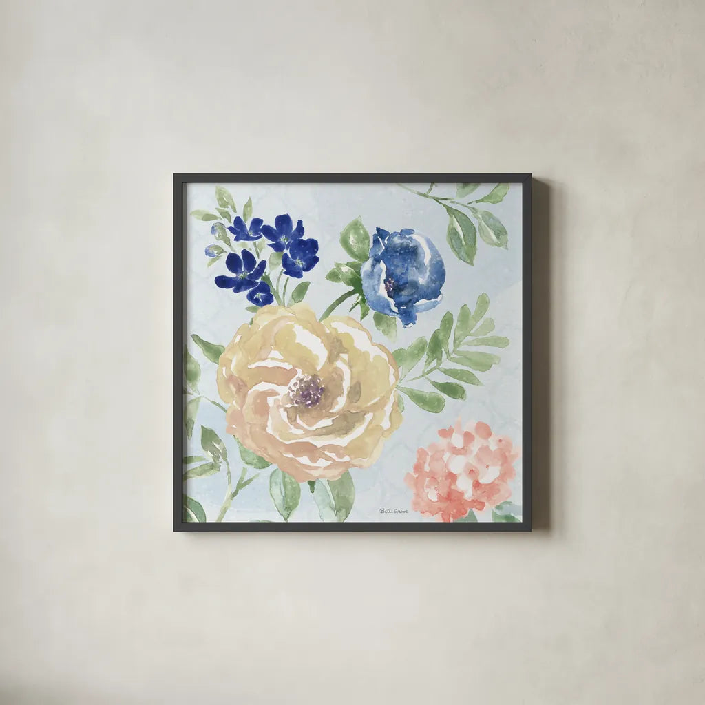 Coastline Botanical II Blue by Beth Grove. Shown in a sleek black glass frame for a contemporary gallery look. Available as an archival giclee rolled canvas, fine art paper, or poster print. SKU 58557a.