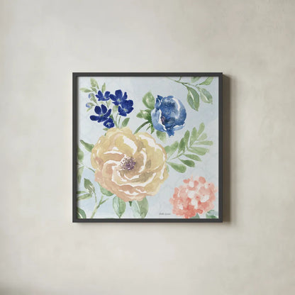 Coastline Botanical II Blue by Beth Grove. Shown in a sleek black glass frame for a contemporary gallery look. Available as an archival giclee rolled canvas, fine art paper, or poster print. SKU 58557a.