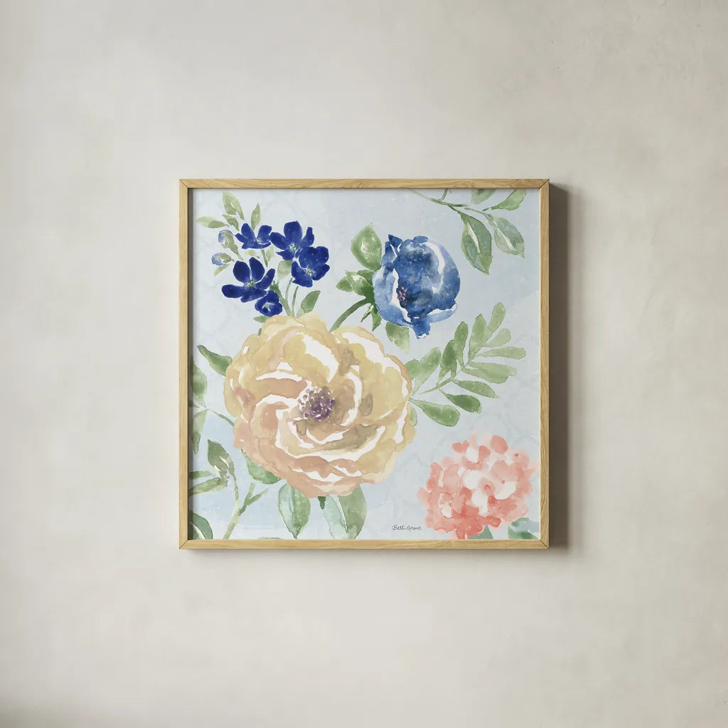 Coastline Botanical II Blue by Beth Grove. Shown in a natural wood glass frame for a timeless modern aesthetic. Available as an archival giclee rolled canvas, fine art paper, or poster print. SKU 58557a.