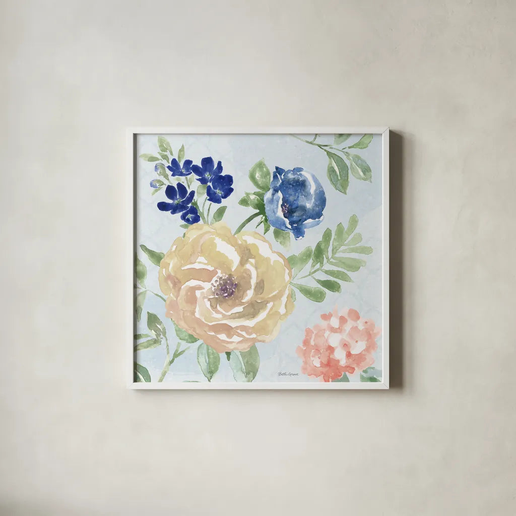 Coastline Botanical II Blue by Beth Grove. Shown in a crisp white glass frame for a clean and minimalist style. Available as an archival giclee rolled canvas, fine art paper, or poster print. SKU 58557a.