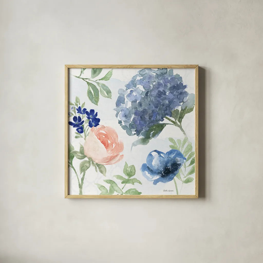 Coastline Botanical III by Beth Grove. Shown in a natural wood glass frame for a timeless modern aesthetic. Available as an archival giclee rolled canvas, fine art paper, or poster print. SKU 58550a.