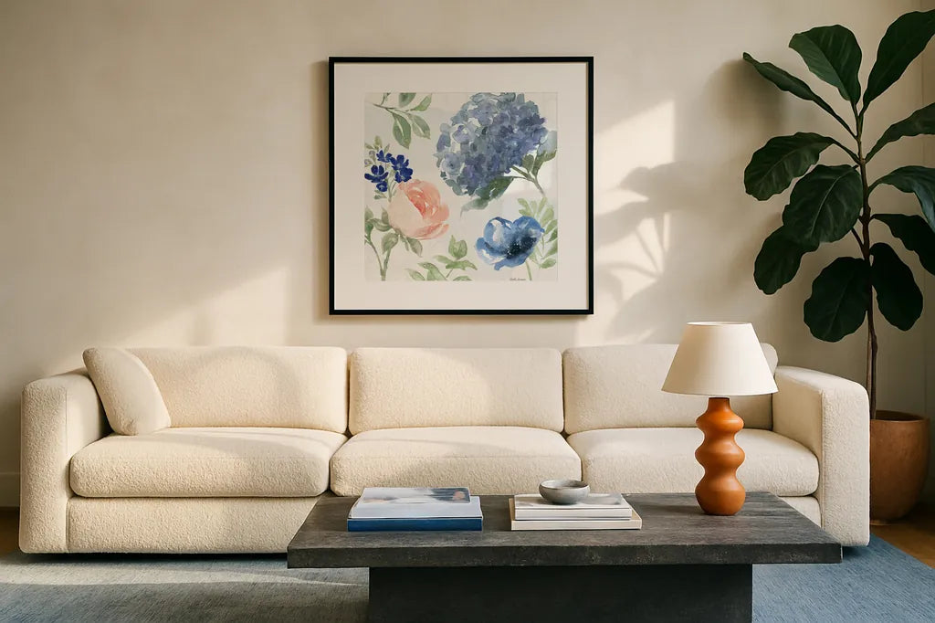 Coastline Botanical III by Beth Grove. Displayed in a glass frame with matte in a clean modern living room. Available as an archival giclee rolled canvas, fine art paper, or poster print. SKU 58550a.