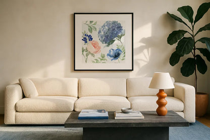 Coastline Botanical III by Beth Grove. Displayed in a glass frame with matte in a clean modern living room. Available as an archival giclee rolled canvas, fine art paper, or poster print. SKU 58550a.