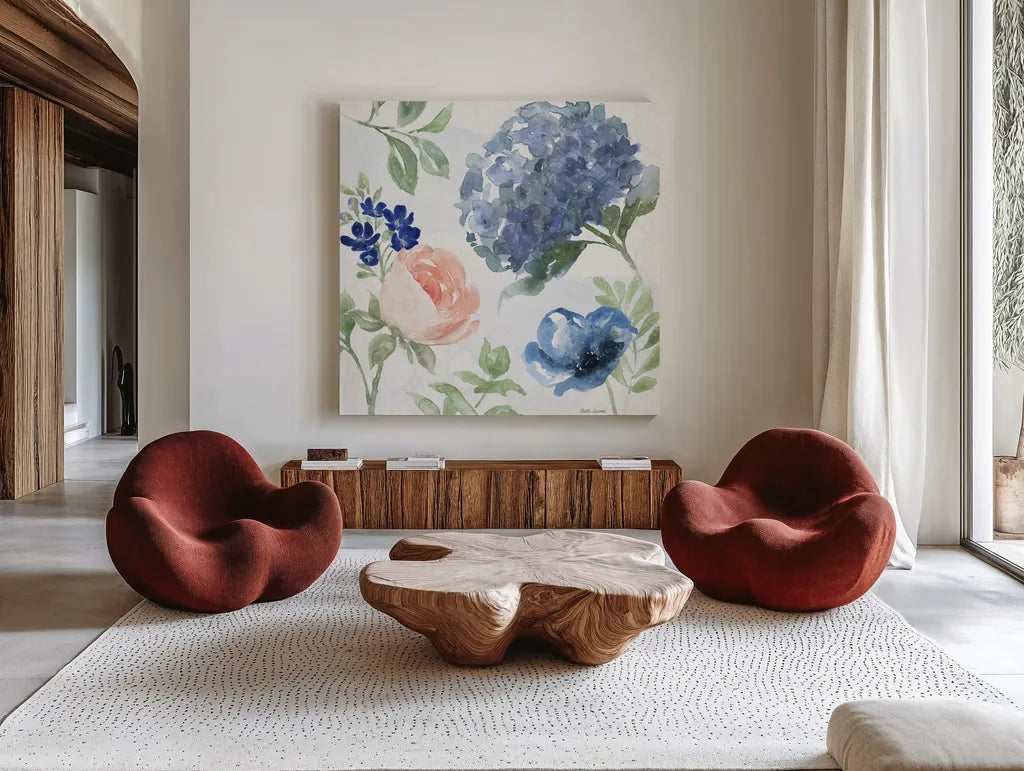 Coastline Botanical III by Beth Grove. Shown as extra-large giant wall art in a modern living room. Available as an archival giclee rolled canvas, fine art paper, or poster print. SKU 58550a.