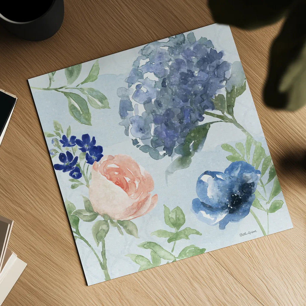 Coastline Botanical III Blue by Beth Grove. Shown as a detailed flat fine art print, highlighting archival giclee quality. Available as an archival giclee rolled canvas, fine art paper, or poster print. SKU 58558a.