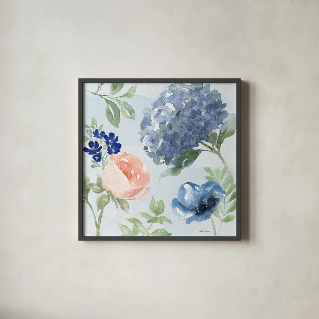 Coastline Botanical III Blue by Beth Grove. Shown in a sleek black glass frame for a contemporary gallery look. Available as an archival giclee rolled canvas, fine art paper, or poster print. SKU 58558a.