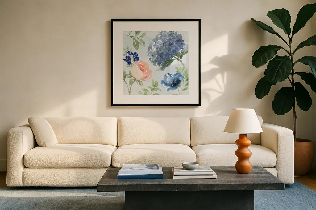 Coastline Botanical III Blue by Beth Grove. Displayed in a glass frame with matte in a clean modern living room. Available as an archival giclee rolled canvas, fine art paper, or poster print. SKU 58558a.