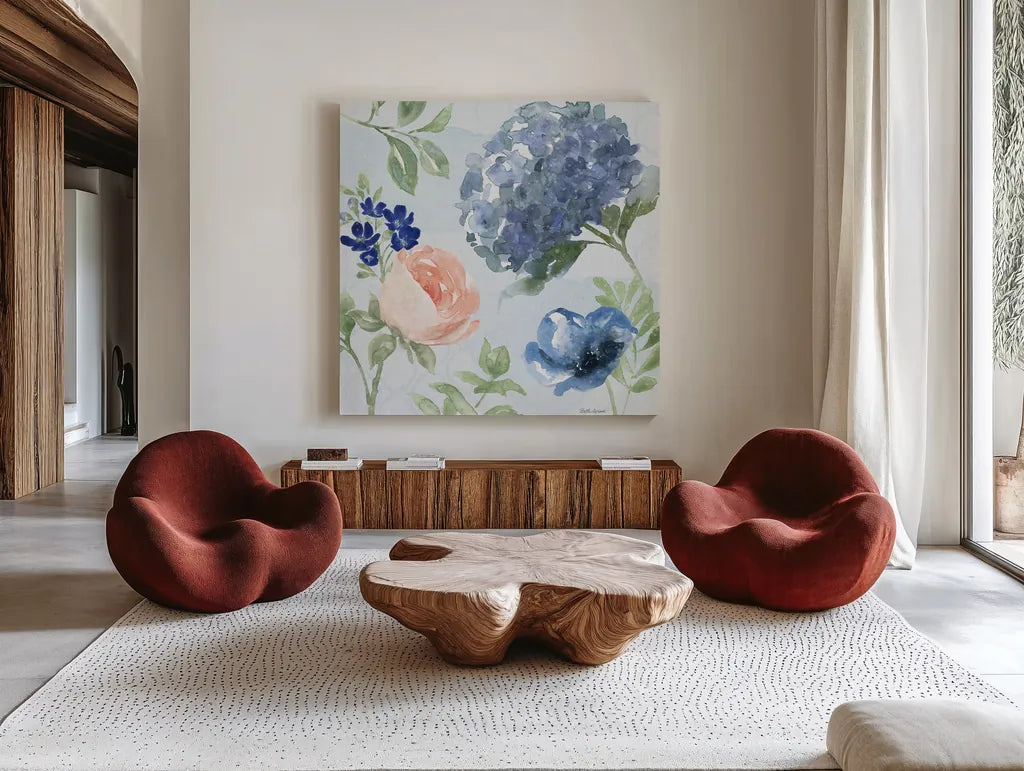 Coastline Botanical III Blue by Beth Grove. Shown as extra-large giant wall art in a modern living room. Available as an archival giclee rolled canvas, fine art paper, or poster print. SKU 58558a.
