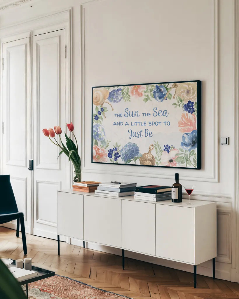 Coastline Botanical IV by Beth Grove. shown as a framed stretched canvas in a living room above a console. Available as a archival giclee rolled canvas, fine art paper, or poster print. SKU 58551i.