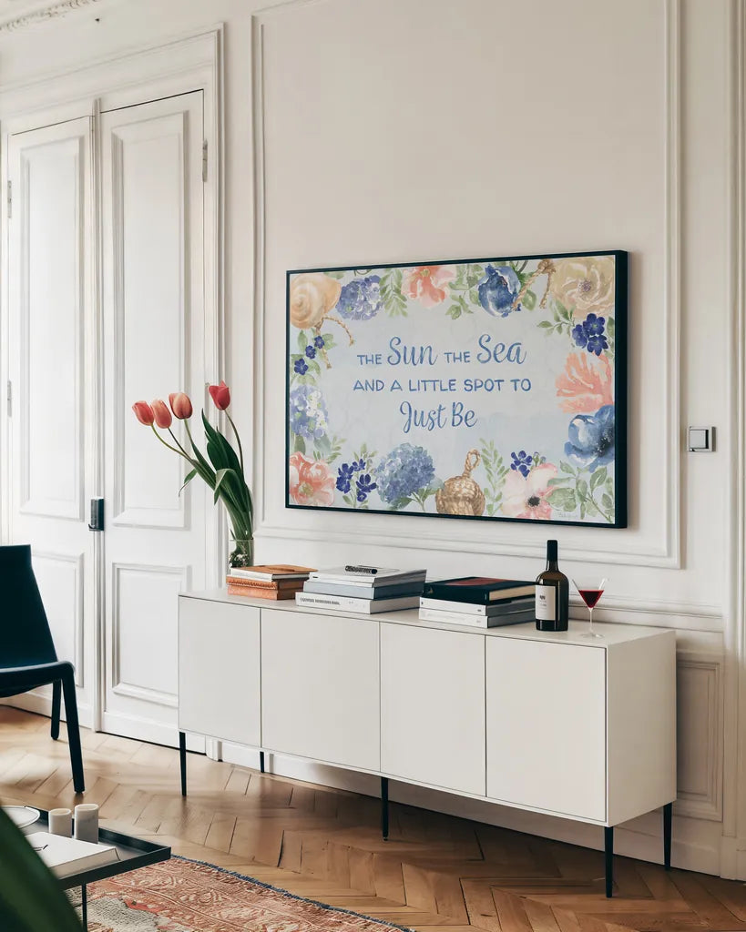 Coastline Botanical IV Blue by Beth Grove. shown as a framed stretched canvas in a living room above a console. Available as a archival giclee rolled canvas, fine art paper, or poster print. SKU 58559i.