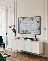 Coastline Botanical IV Blue by Beth Grove. shown as a framed stretched canvas in a living room above a console. Available as a archival giclee rolled canvas, fine art paper, or poster print. SKU 58559i.