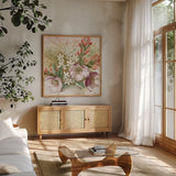Cottage Charm IV by Beth Grove. Shown in a natural wood frame in a cozy modern living room. Available as an archival giclee rolled canvas, fine art paper, or poster print. SKU 69267a.