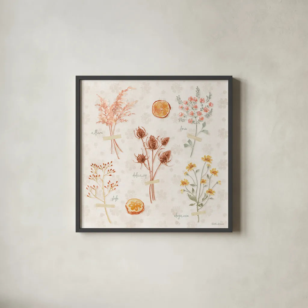 Cottage Charm IX by Beth Grove. Shown in a sleek black glass frame for a contemporary gallery look. Available as an archival giclee rolled canvas, fine art paper, or poster print. SKU 69272a.