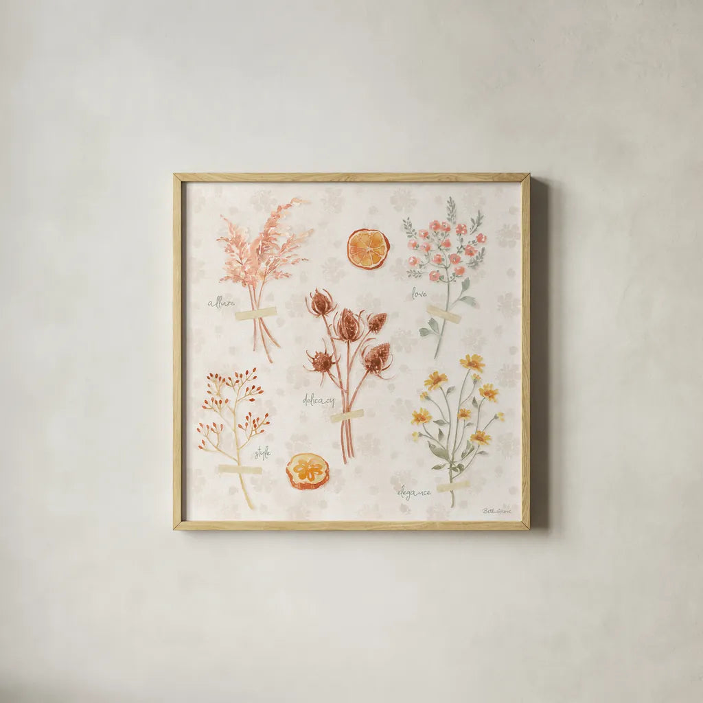 Cottage Charm IX by Beth Grove. Shown in a natural wood glass frame for a timeless modern aesthetic. Available as an archival giclee rolled canvas, fine art paper, or poster print. SKU 69272a.