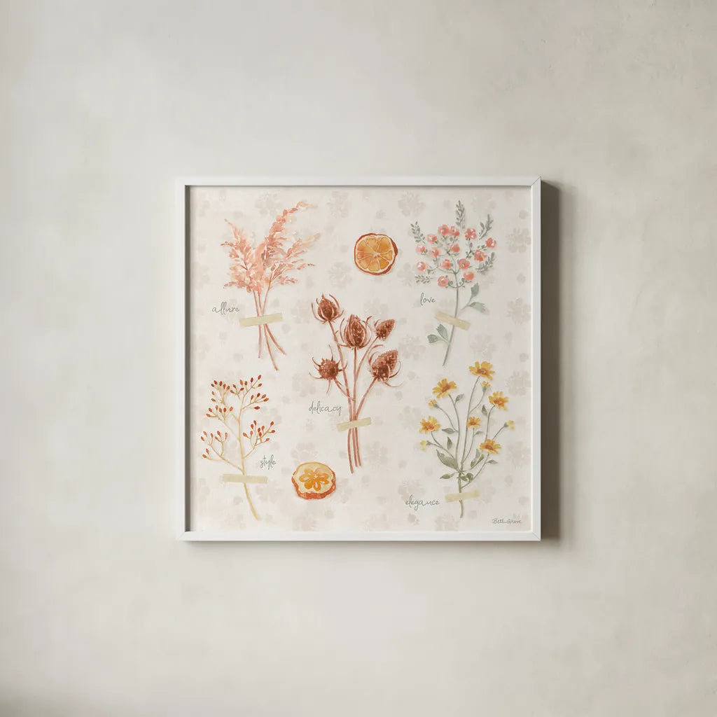 Cottage Charm IX by Beth Grove. Shown in a crisp white glass frame for a clean and minimalist style. Available as an archival giclee rolled canvas, fine art paper, or poster print. SKU 69272a.