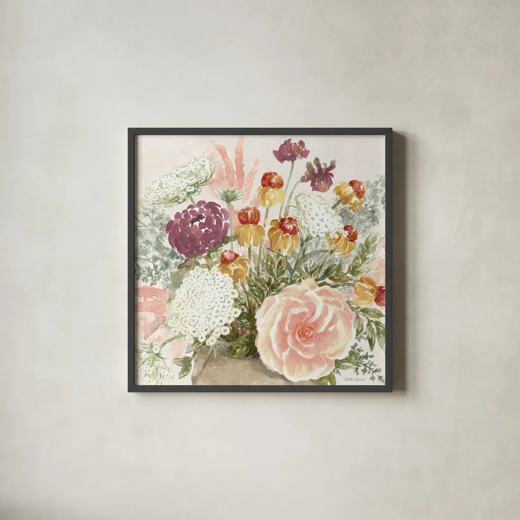 Cottage Charm V by Beth Grove. Shown in a sleek black glass frame for a contemporary gallery look. Available as an archival giclee rolled canvas, fine art paper, or poster print. SKU 69268a.