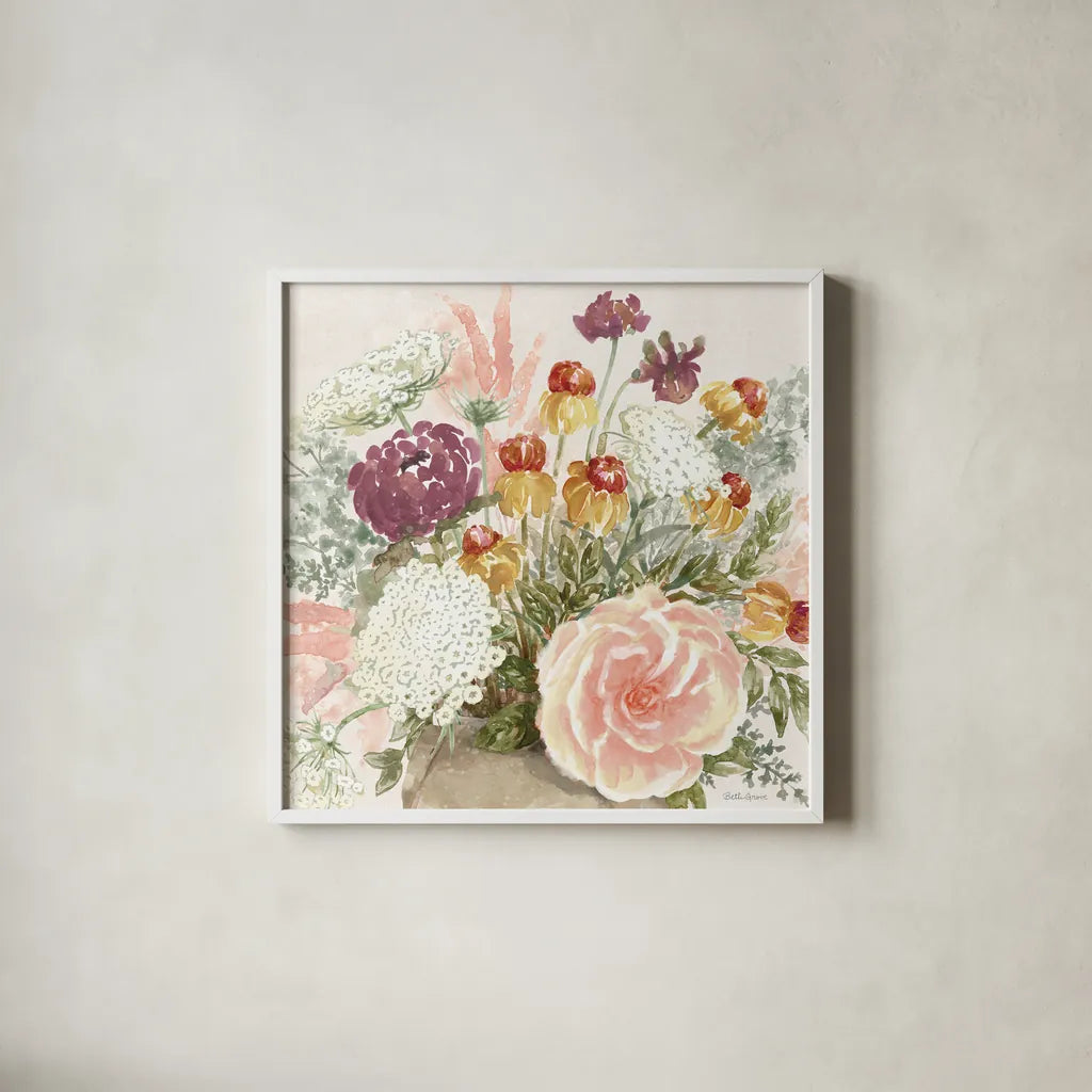 Cottage Charm V by Beth Grove. Shown in a crisp white glass frame for a clean and minimalist style. Available as an archival giclee rolled canvas, fine art paper, or poster print. SKU 69268a.