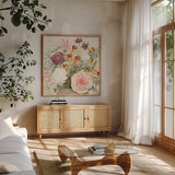 Cottage Charm V by Beth Grove. Shown in a natural wood frame in a cozy modern living room. Available as an archival giclee rolled canvas, fine art paper, or poster print. SKU 69268a.