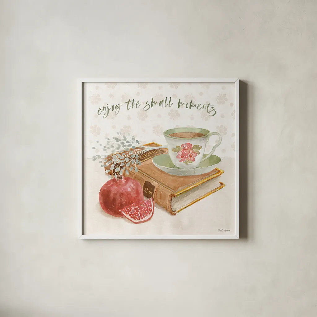 Cottage Charm VI by Beth Grove. Shown in a crisp white glass frame for a clean and minimalist style. Available as an archival giclee rolled canvas, fine art paper, or poster print. SKU 69269a.