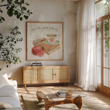 Cottage Charm VI by Beth Grove. Shown in a natural wood frame in a cozy modern living room. Available as an archival giclee rolled canvas, fine art paper, or poster print. SKU 69269a.
