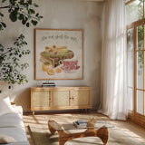 Cottage Charm VII by Beth Grove. Shown in a natural wood frame in a cozy modern living room. Available as an archival giclee rolled canvas, fine art paper, or poster print. SKU 69270a.